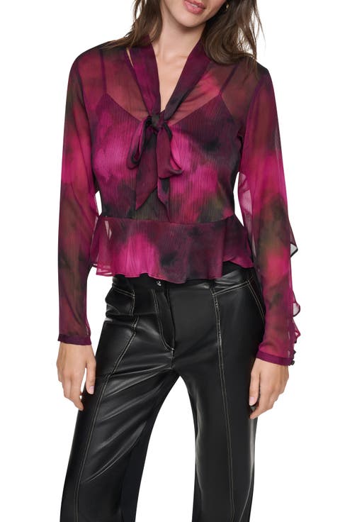 Wavy Print Tie Neck Top