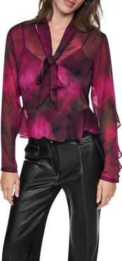 DKNY Wavy Print Tie Neck Top