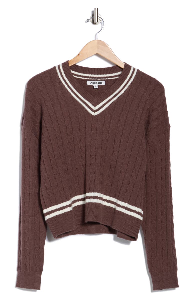 Vigoss V-Neck Cable Stitch Sweater, Alternate, color, Chocolate