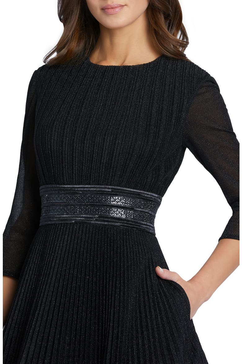 Shimmering Pleated A-Line 3/4 Sleeve Gown, Alternate, color, BLACK