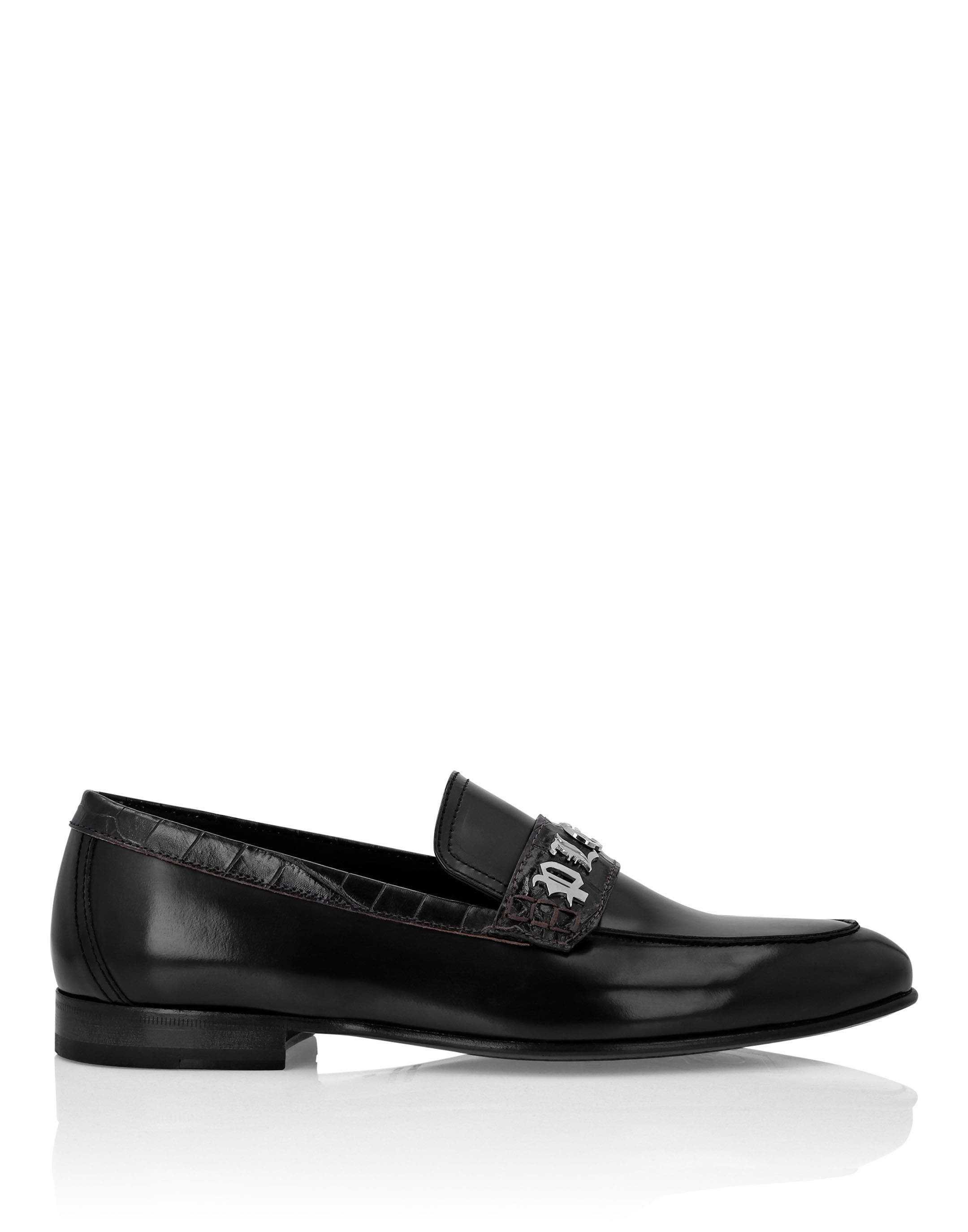 Croco Printed Leather Loafers Men, Alternate, color, black