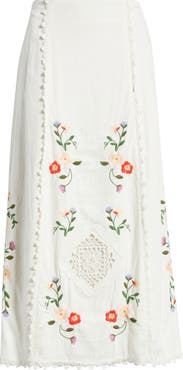 Treasure & Bond Embroidered Linen Blend Eyelet Midi Skirt