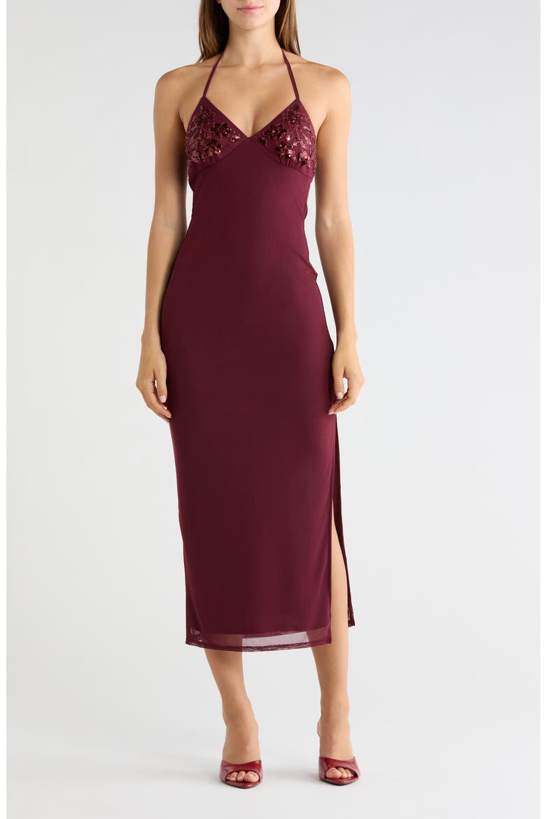Sequin and Beaded Halter Maxi Dress, Main, color, BURGUNDY