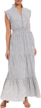 London Times Stripe Ruffle Sleeveless Tiered Maxi Dress