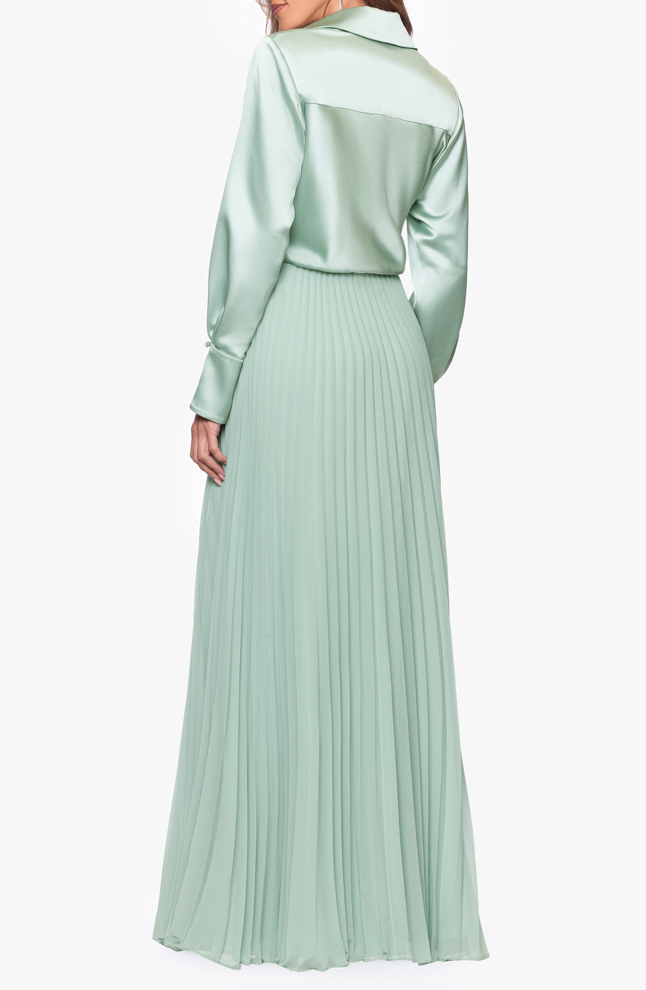 Pleated Satin Long Sleeve Gown - image 2