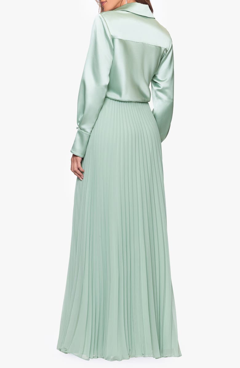 Xscape Evenings Pleated Satin Long Sleeve Gown, Alternate, color, Sage