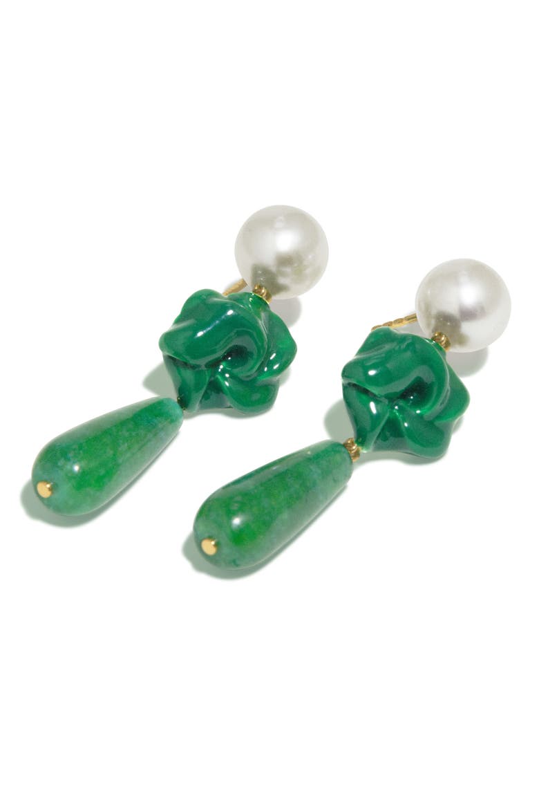 The Depths of Time Freshwater Pearl & Chalcedony Drop Earrings, Alternate, color, GREEN 18CT GOLD PLATED