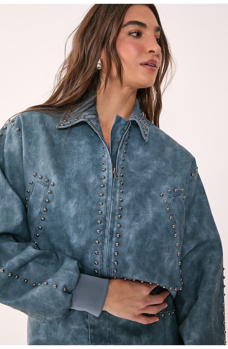 NASTY GAL Leather Studded Bomber Jacket, Alternate, color, Blue