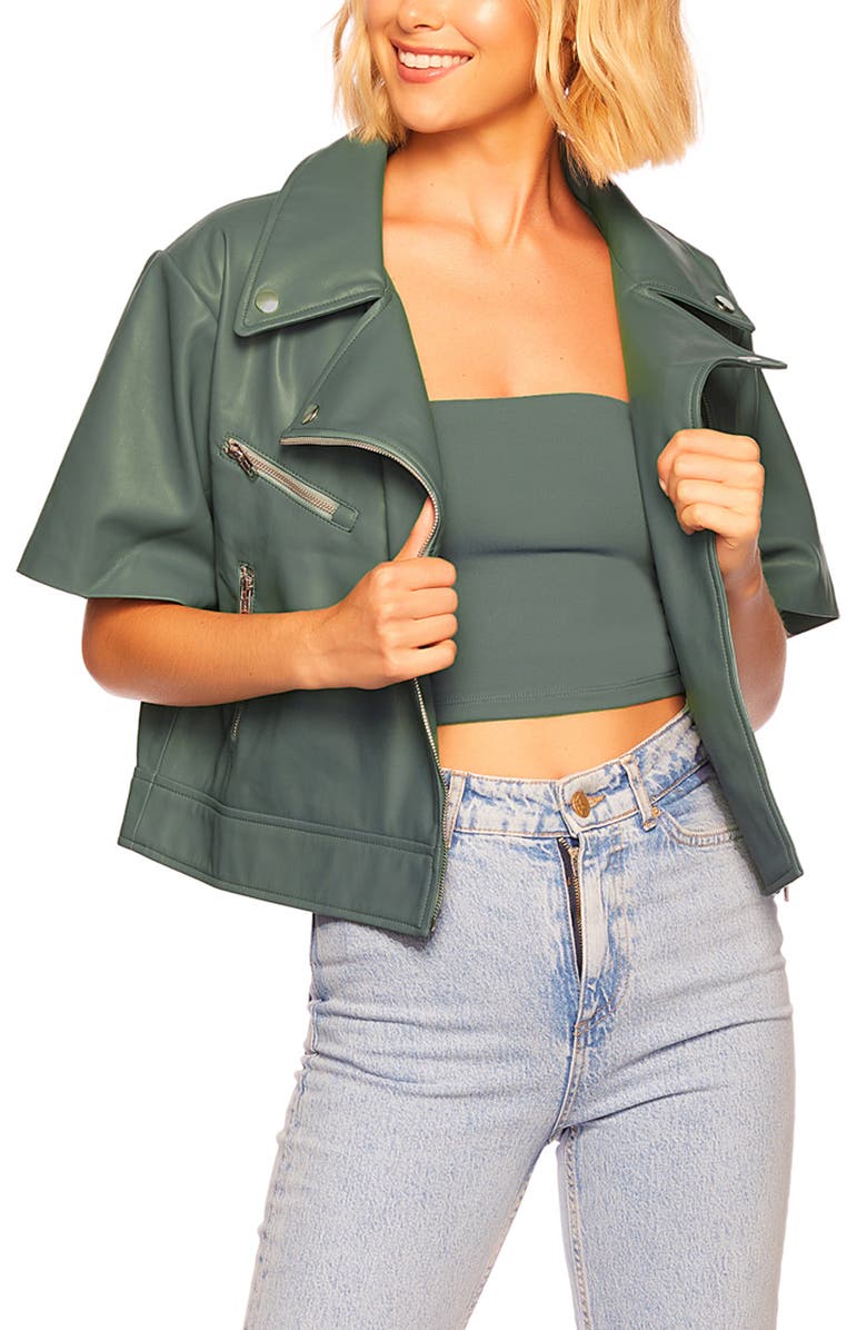 Susana Monaco Short Sleeve Crop Faux Leather Moto Jacket, Alternate, color,