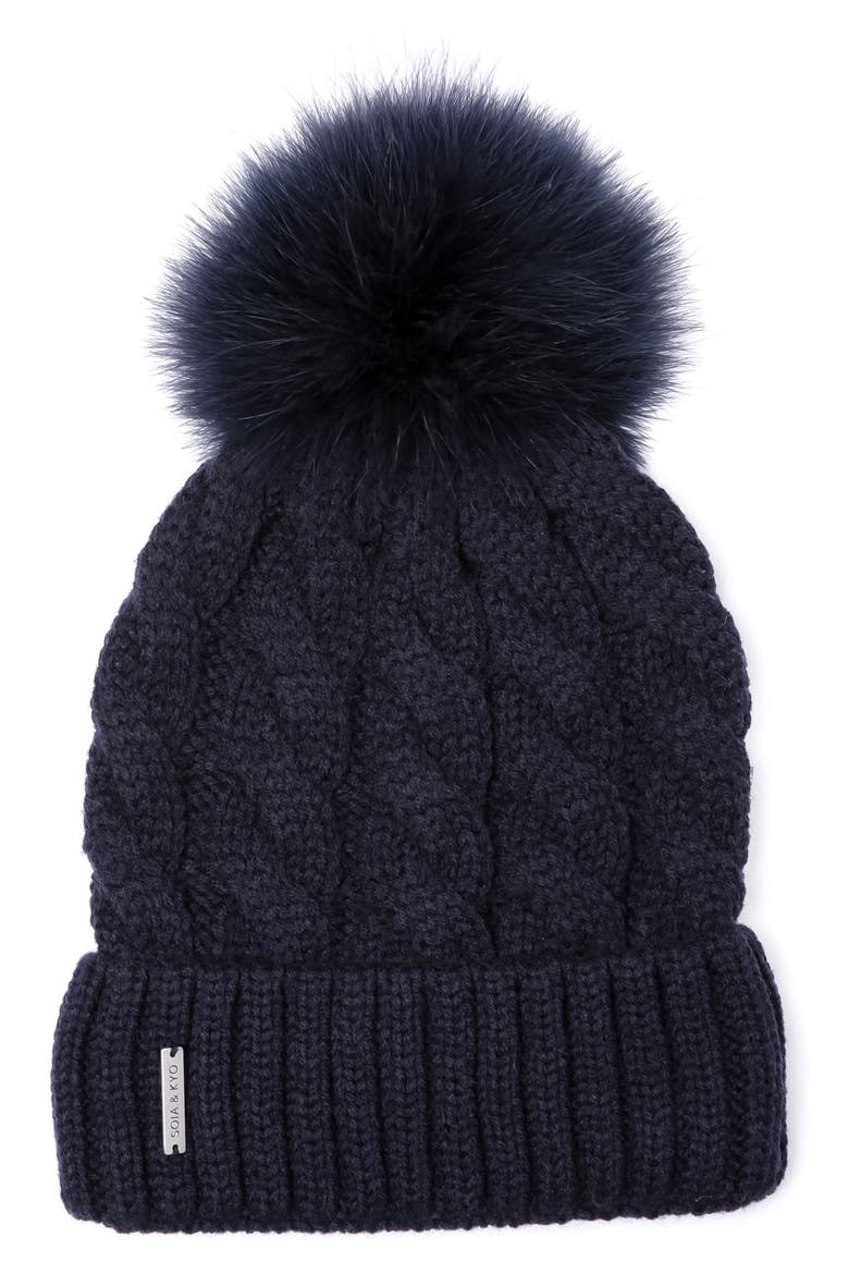 Cable Knit Beanie with Removable Feather Pompom, Main, color, INDIGO