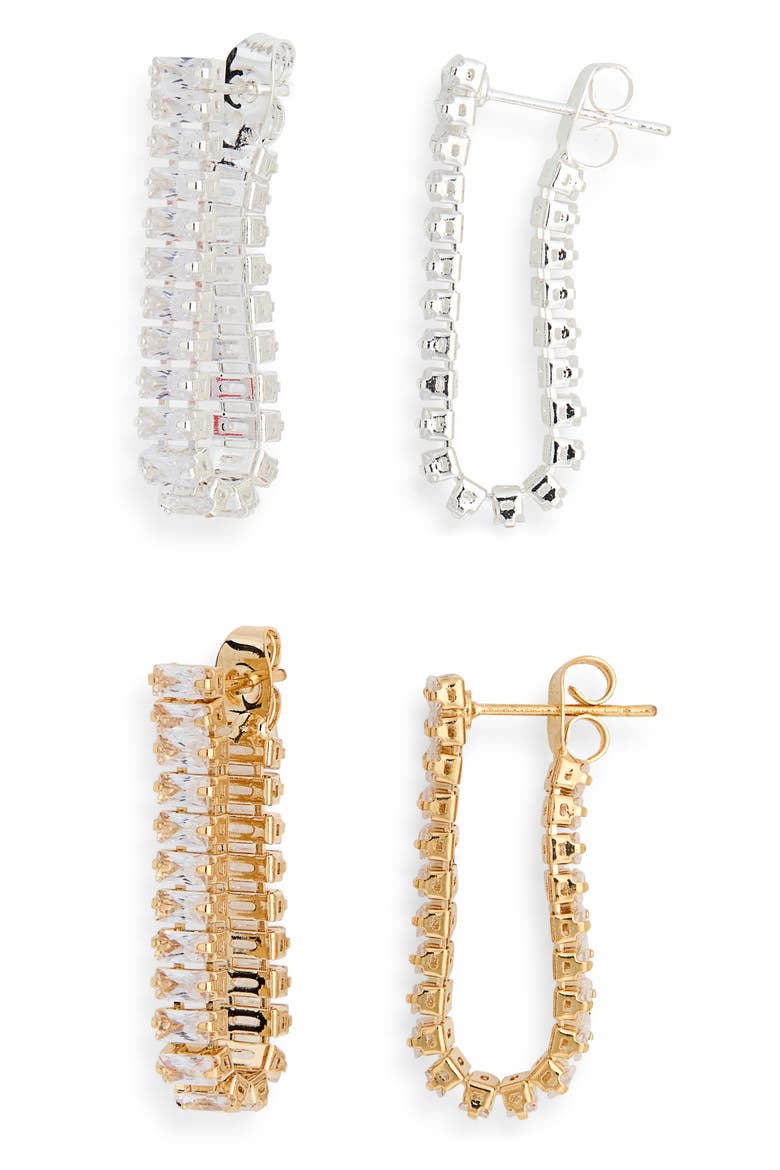 Set of 2 Baguette Crystal Front/Back Earrings, Main, color, GOLD/SILVER