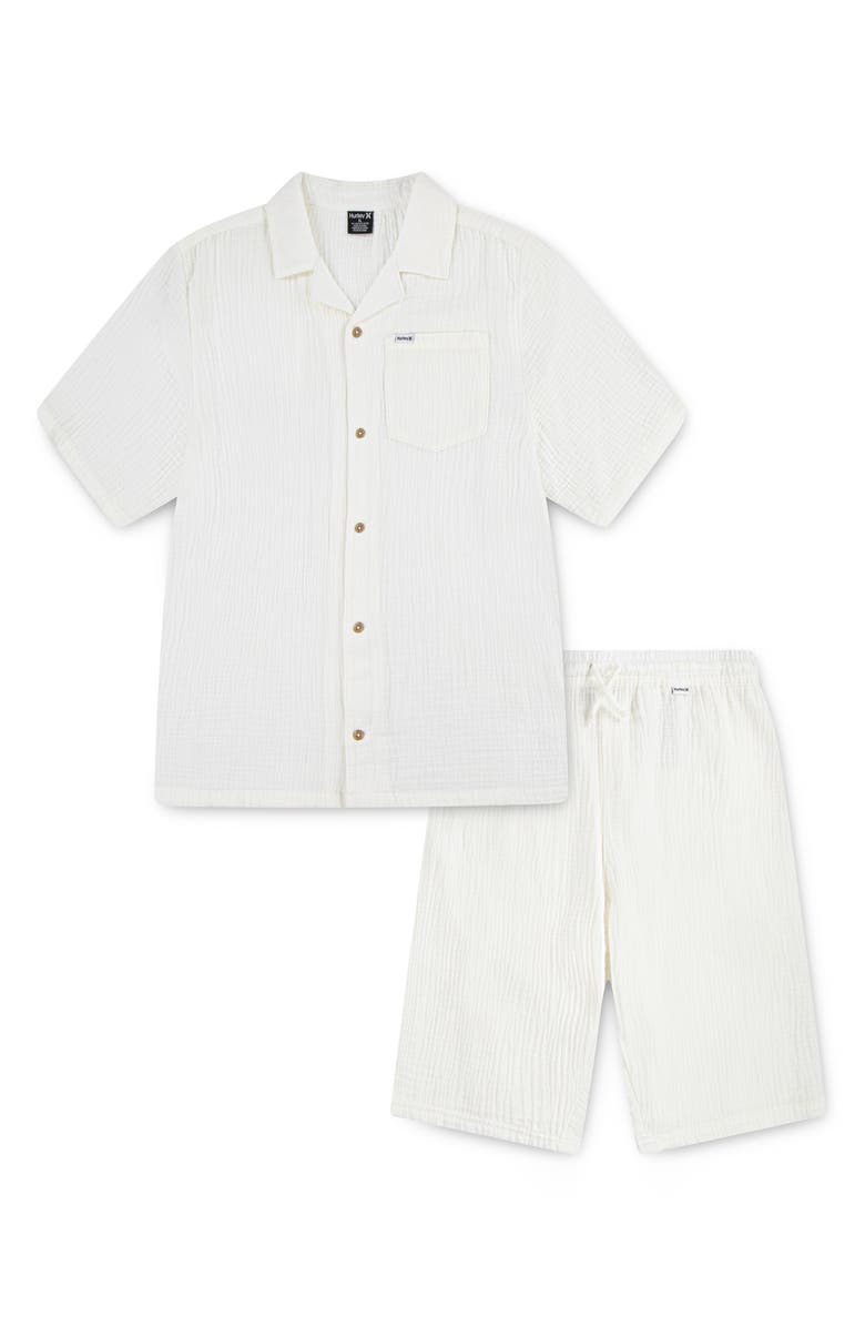 Hurley Kids' Cotton Gauze Camp Shirt & Shorts Set, Main, color, Marshmallow