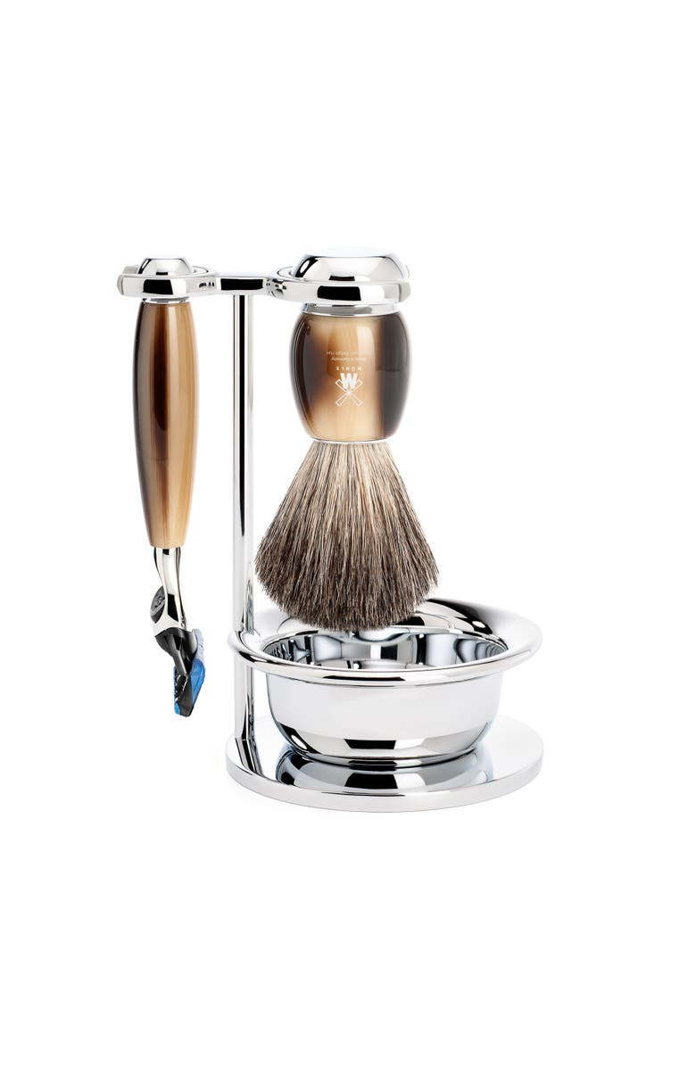 MÜHLE Vivo Brown Horn 4-Piece Pure Badger & Fusion Shaving Set, Main, color, Brown Horn