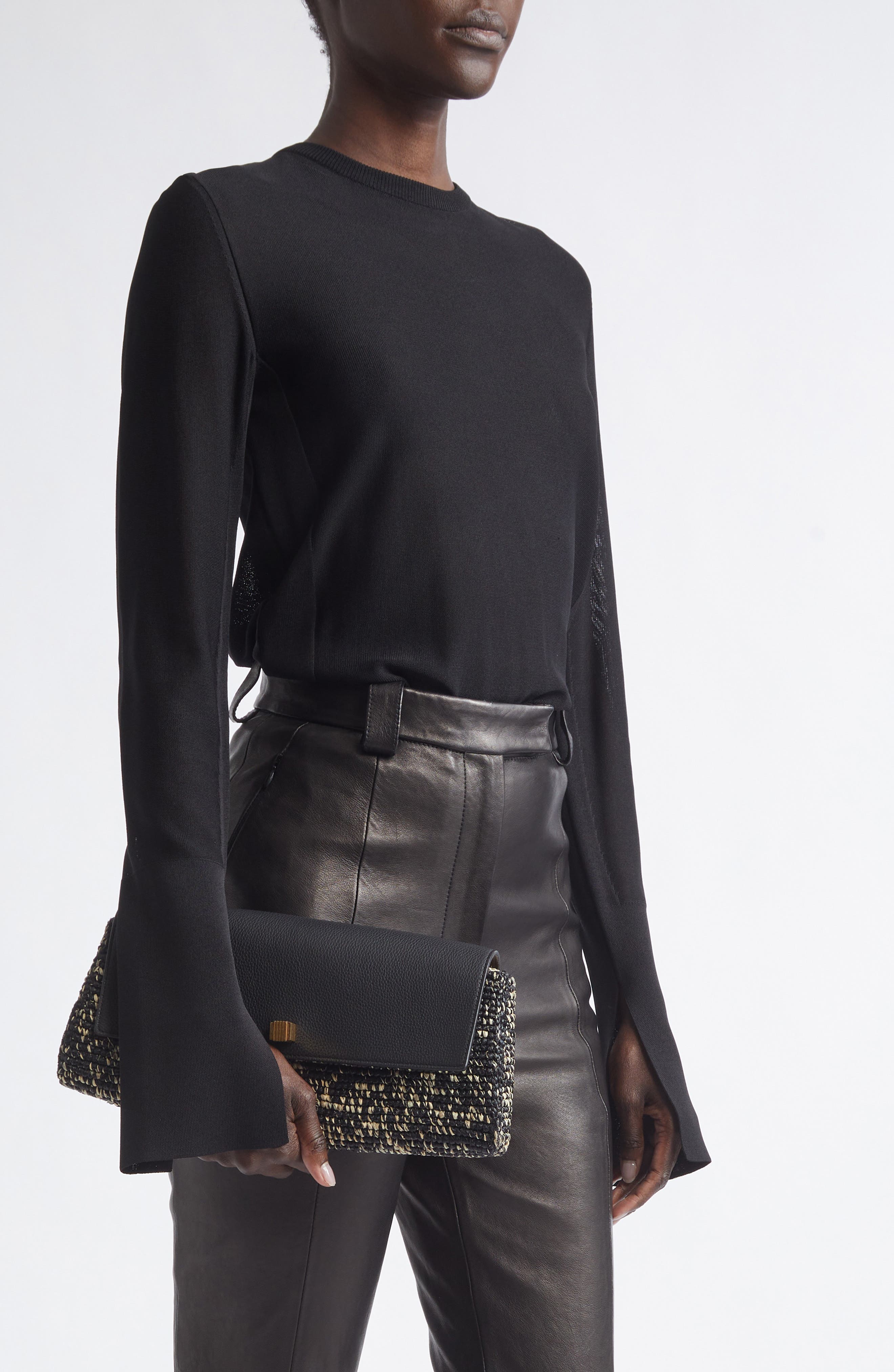 Audrey Raffia & Leather Clutch, Alternate, color, 294 BLACK / WHITE