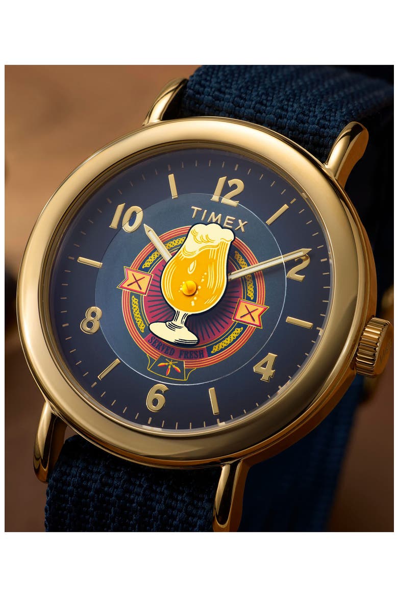 Harry Potter x Timex Weekender Butterbeer 40mm Fabric Strap Watch, Alternate, color, BLUE/ GOLD-TONE