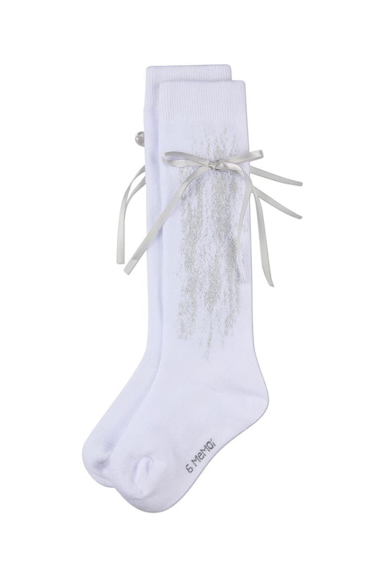 Knee High Sock with Metallic Drip Design and Satin Bow, Alternate, color, White