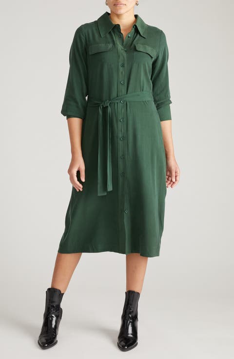 Cooling Long Sleeve Stretch Cupro Blend Shirtdress
