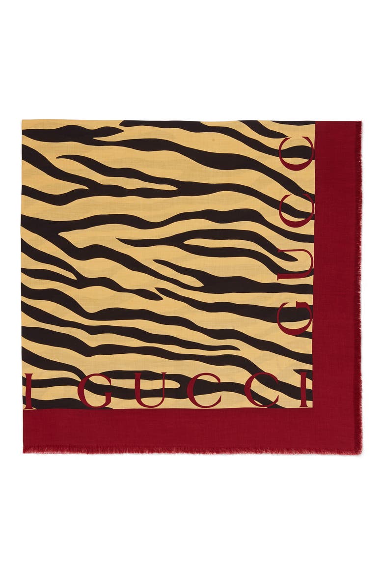 Tiger Stripe & Logo Print Silk Twill Scarf, Alternate, color, BLACK/ RED
