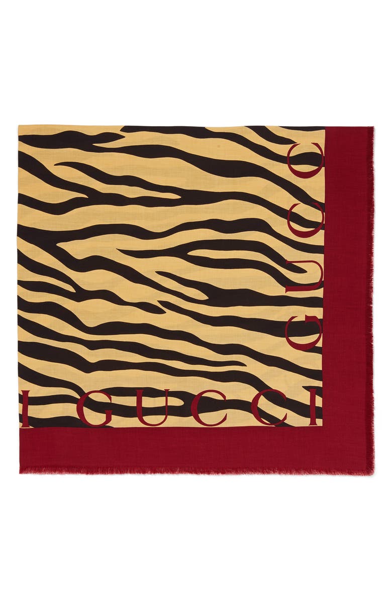 Gucci Tiger Stripe & Logo Print Silk Twill Scarf, Alternate, color, 