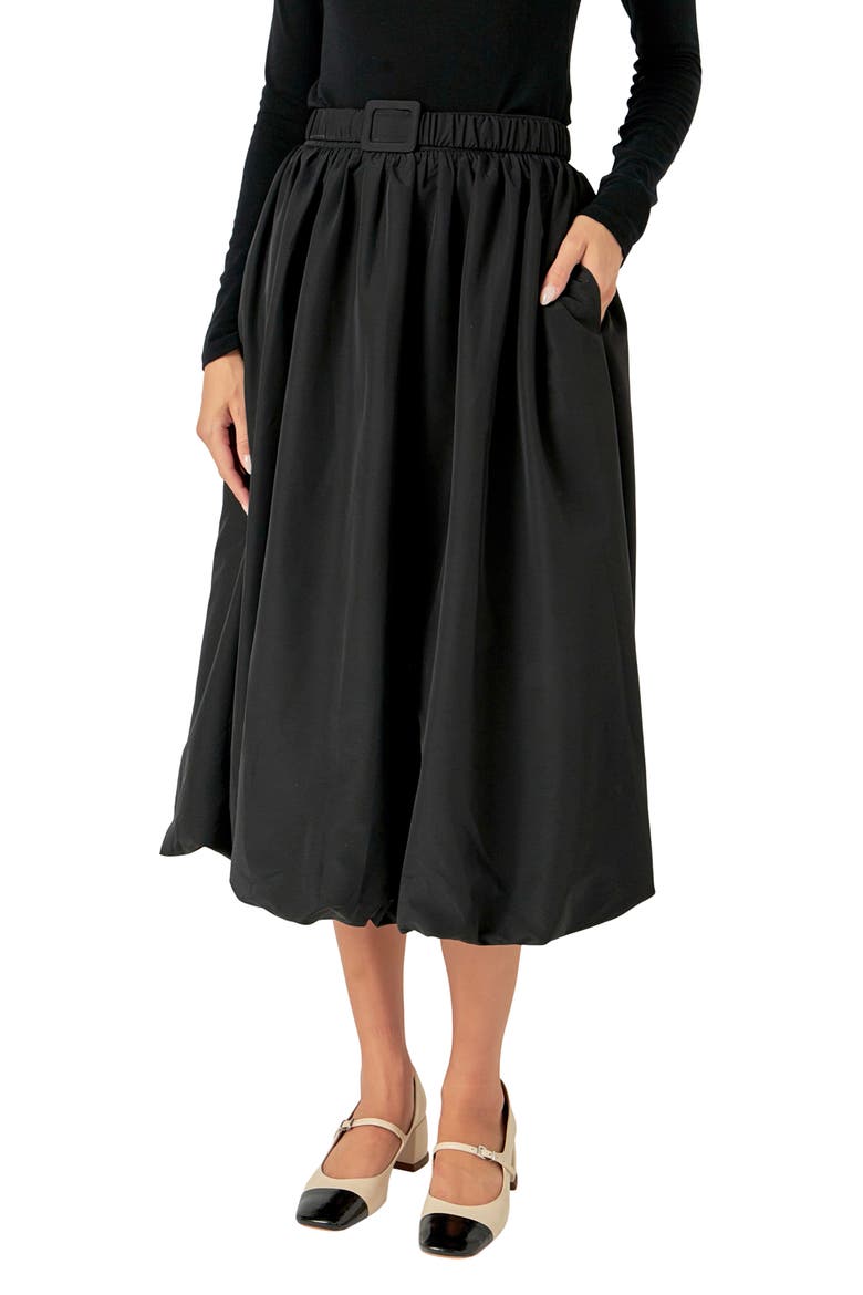 Belted Blouson Midi Skirt, Alternate, color, BLACK