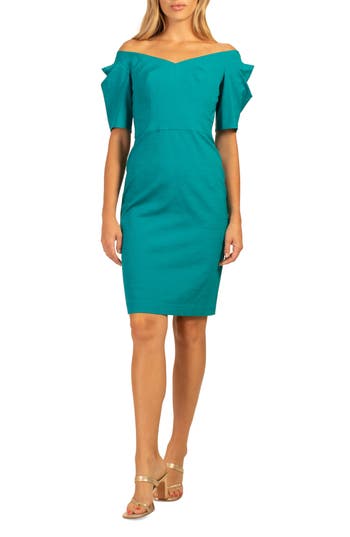 Trina Turk Witty Off The Shoulder Short Sleeve Sheath Dress In Tile Blue