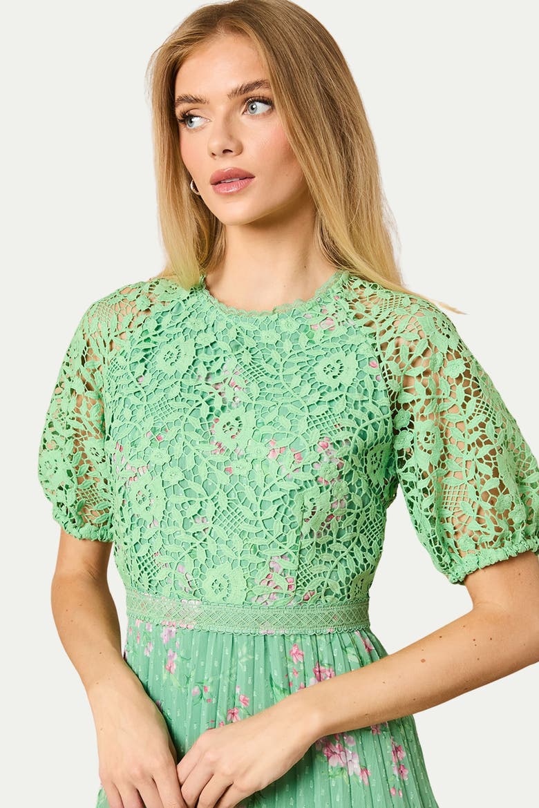 Floral Lace Bodice Pleated Midi Dress, Alternate, color, Sage