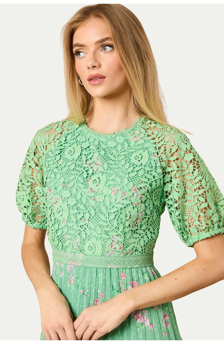 Oasis Floral Lace Bodice Pleated Midi Dress, Alternate, color, Sage