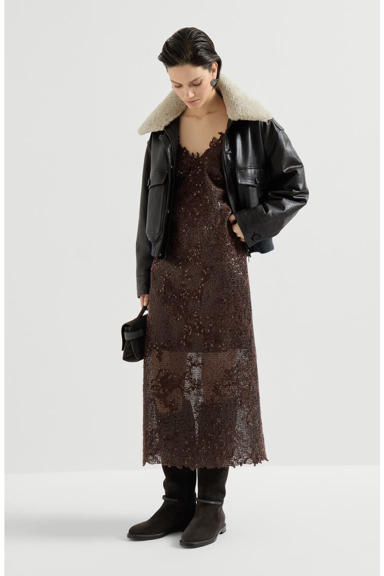 Dazzling lace embroidery dress in sparkling mohair and wool, Alternate, color, Brown Gianduia