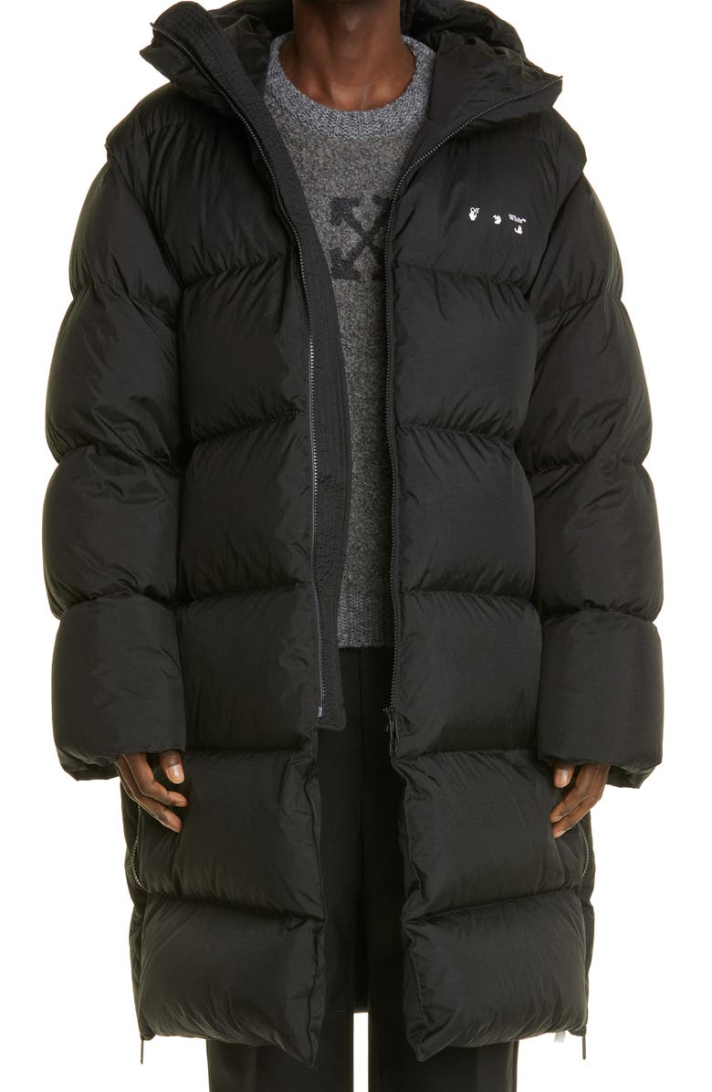 Off-White Logo Long Down Puffer Coat, Main, color,