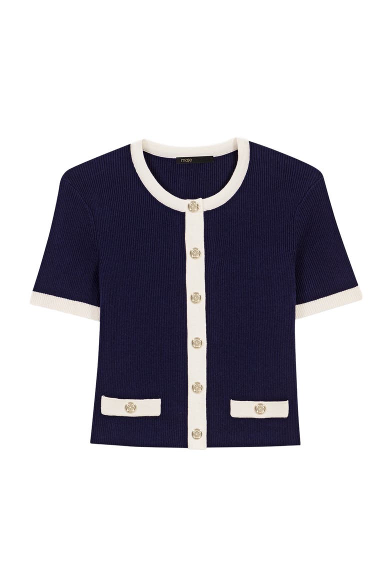 Contrasting cropped cardigan, Alternate, color, Navy / ecru