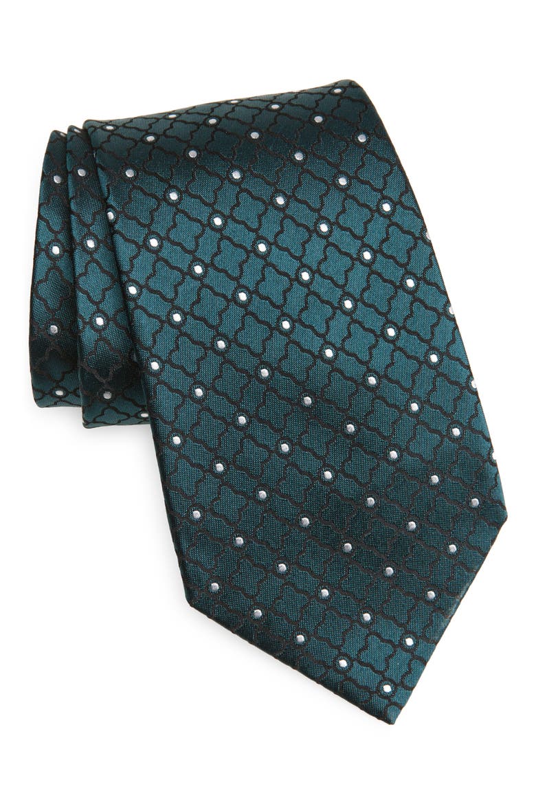 Dot Quatrefoil Mulberry Silk Tie, Main, color, GREEN