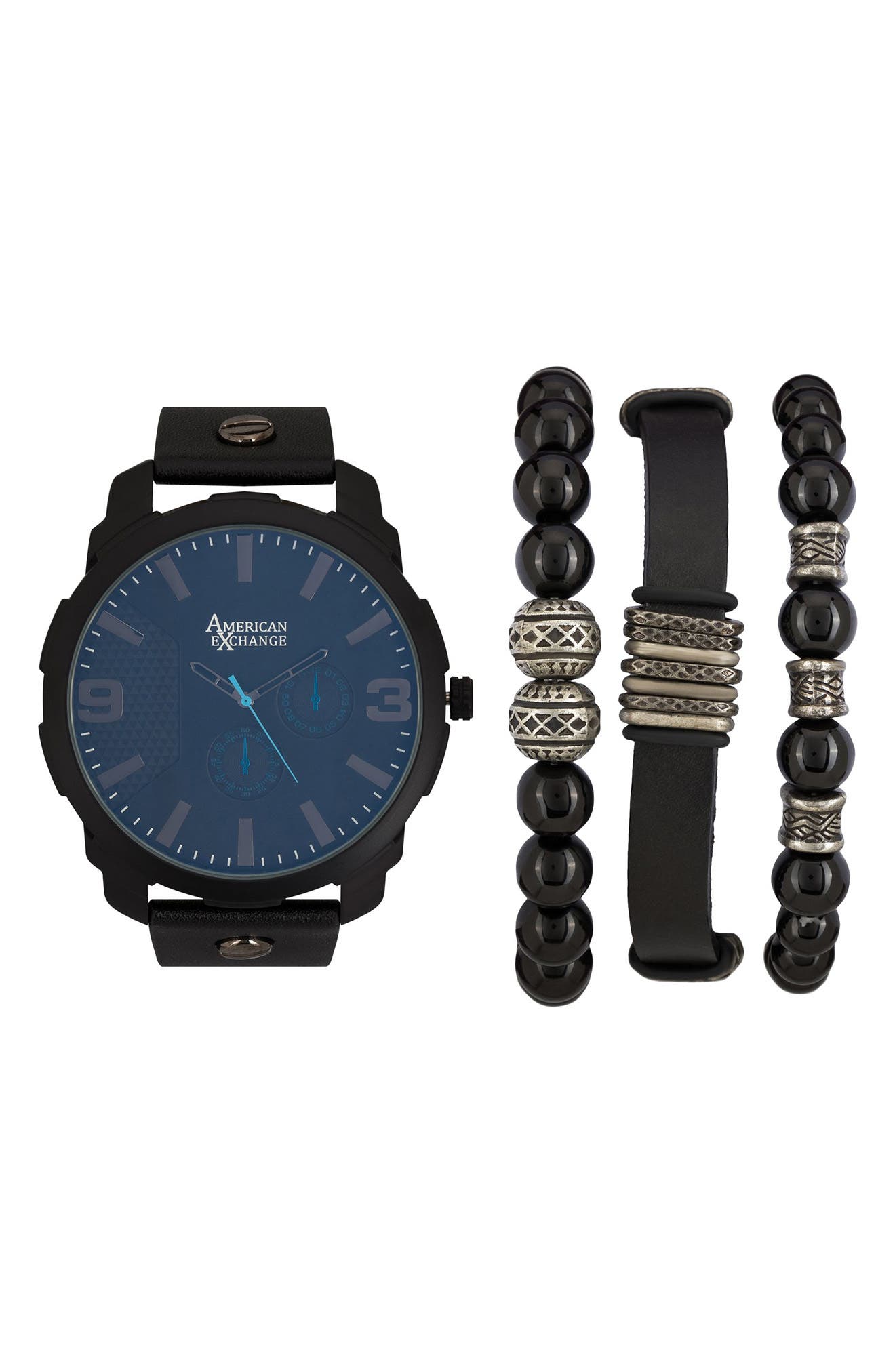 AMERICAN EXCHANGE Leather Strap Watch & Bracelets Set, 55mm