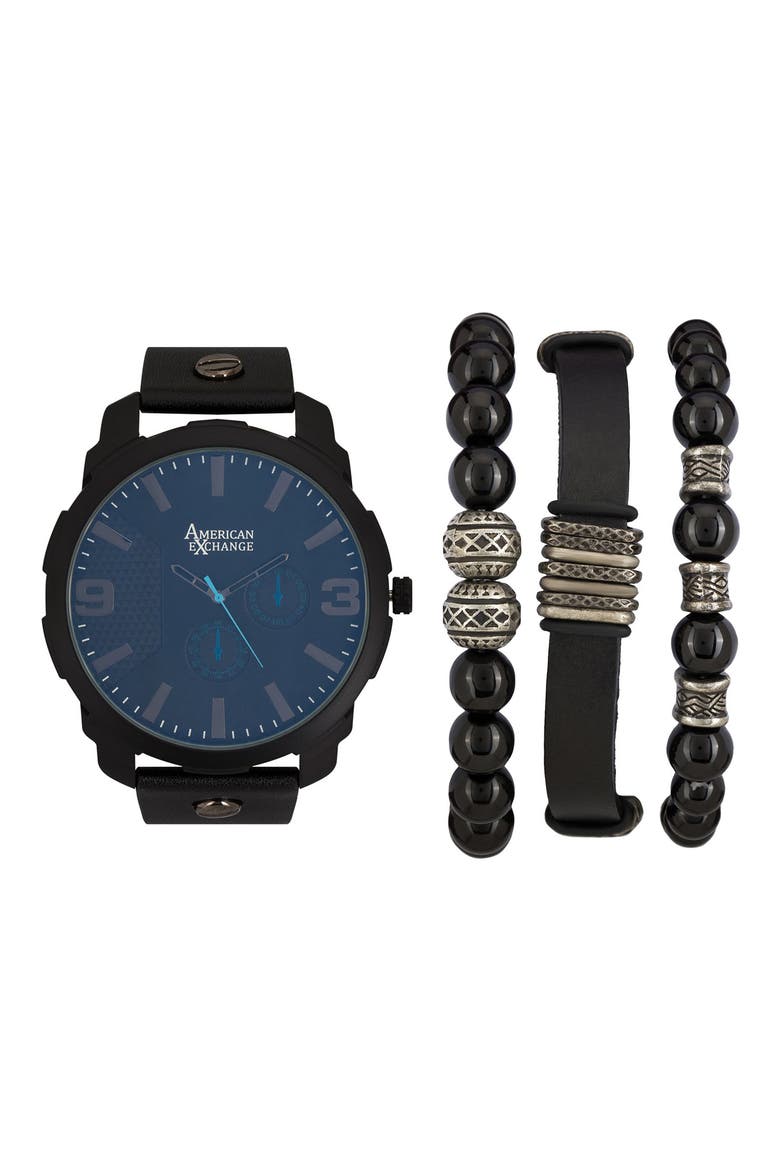 Leather Strap Watch & Bracelets Set, 55mm, Main, color, BLACK
