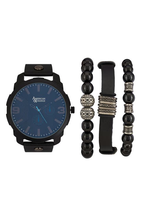 Leather Strap Watch & Bracelets Set, 55mm