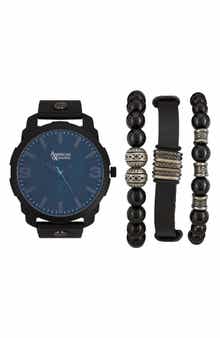 AMERICAN EXCHANGE Leather Strap Watch & Bracelets Set, 55mm