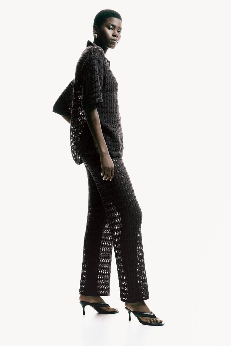 Crochet-look Cotton Trousers, Alternate, color, Dark brown
