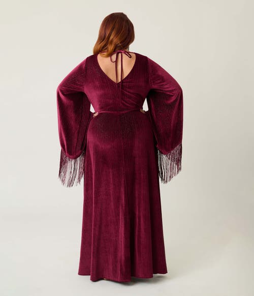 Smak Parlour Plus Size Fringed Long Bell Sleeved Ruched Maxi Dress In Burgundy