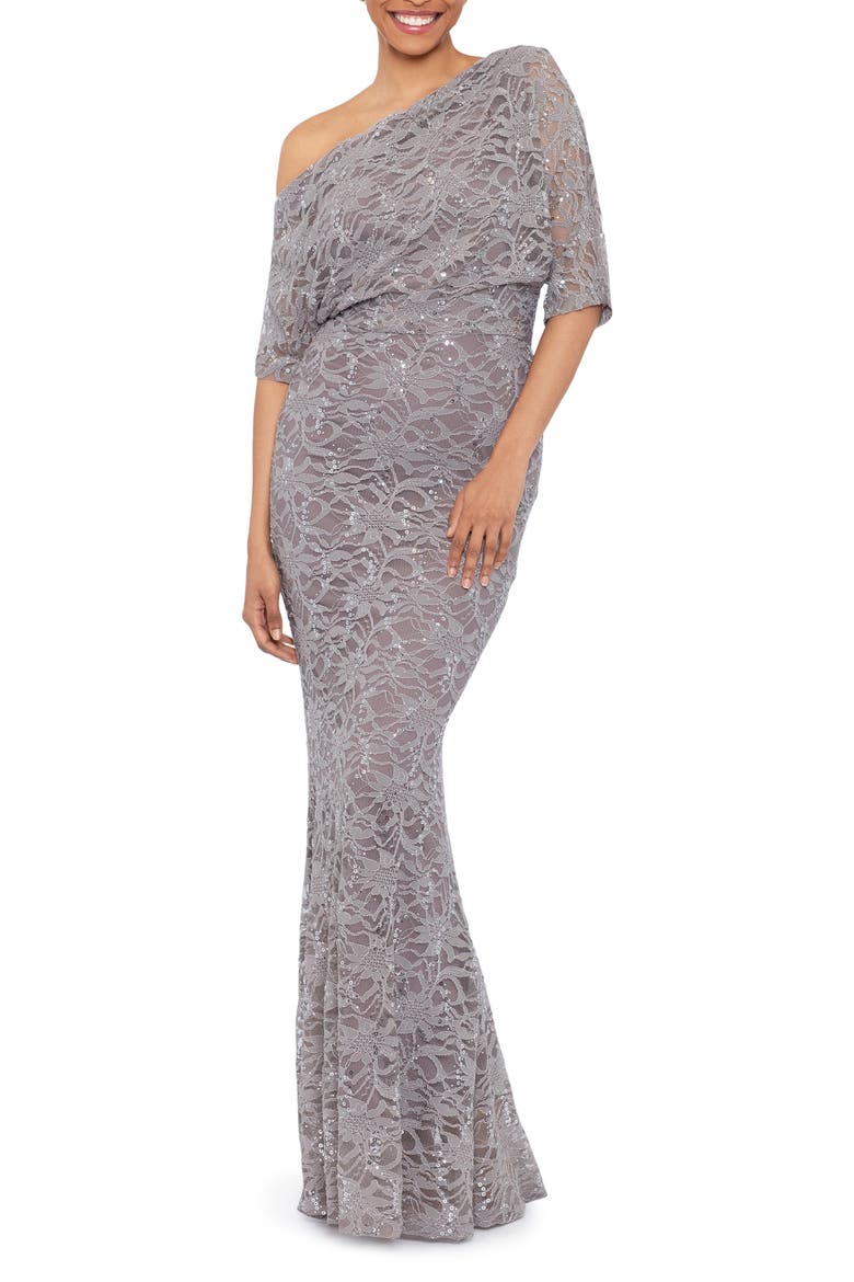 One-Shoulder Sequin Lace Gown, Main, color, TAUPE