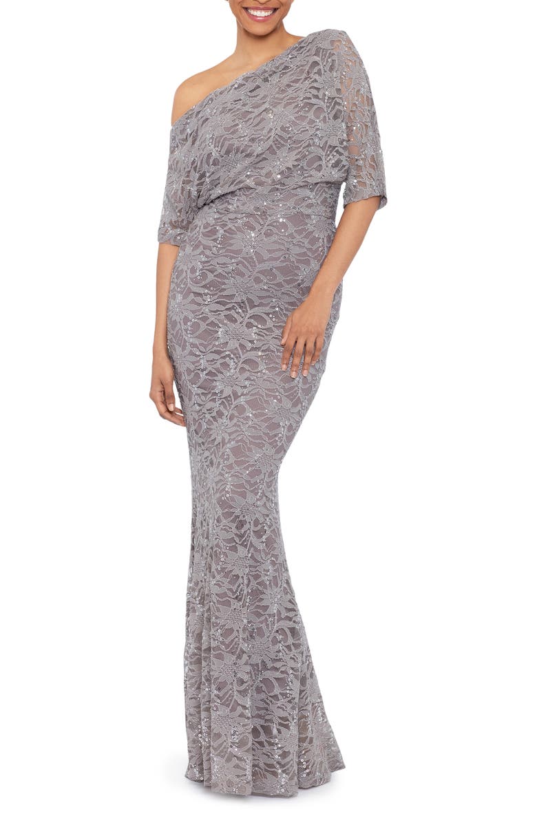 Betsy & Adam One-Shoulder Sequin Lace Gown, Main, color, 