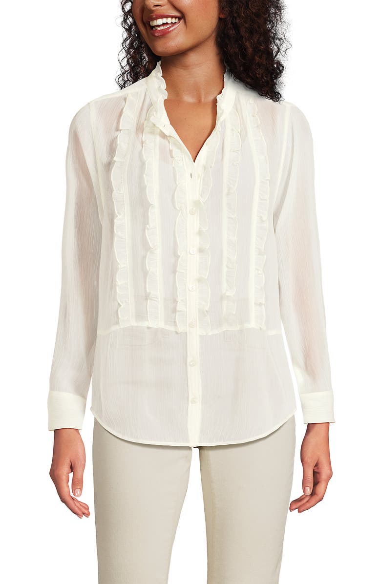 Lands' End Chiffon Ruffle Front Long Sleeve Top, Main, color, Ivory
