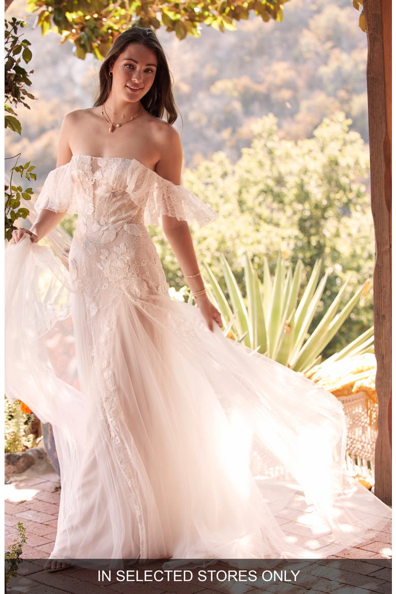 Mackinnon Off the Shoulder Lace & Tulle Wedding Dress, Main, color, IVORY/BLUSH