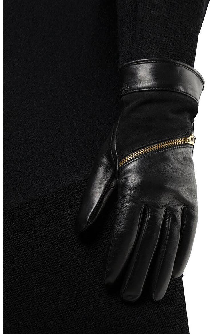 Jacqueline 2 Back Zip Leather & Suede Gloves, Alternate, color, BROWN