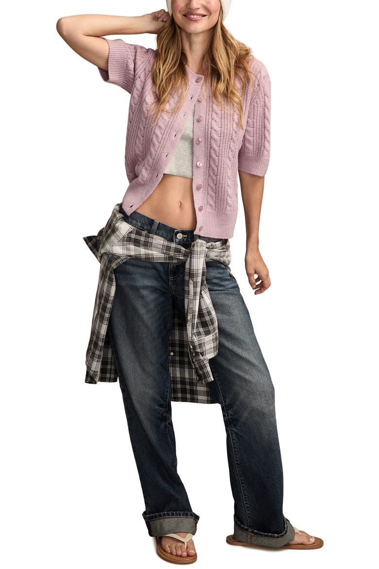 Short Sleeve Cable Cardigan, Alternate, color, DAWN PINK
