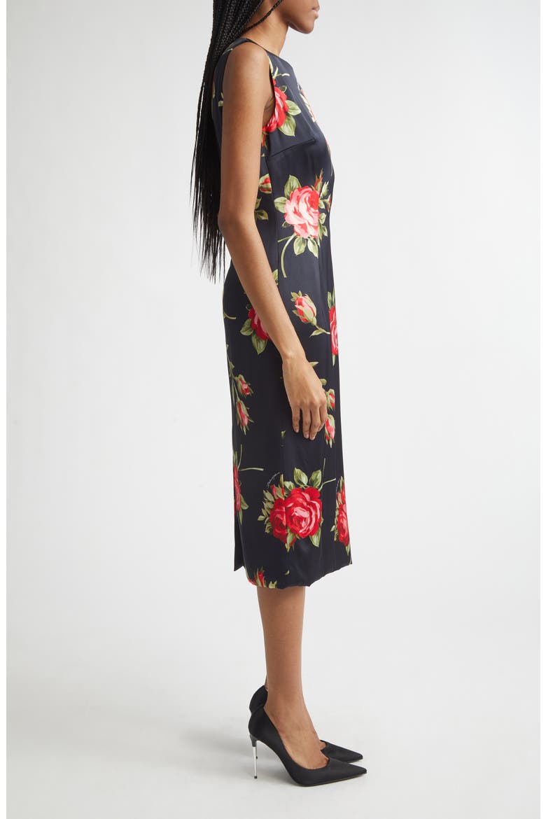 Rose Bouquet Print Stretch Satin Cocktail Dress, Alternate, color, BOUQUET ROSE NERO