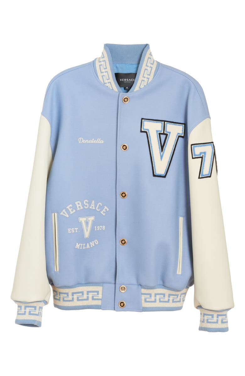 Versace Wool Blend Varsity Jacket with Leather Sleeves, Alternate, color, 