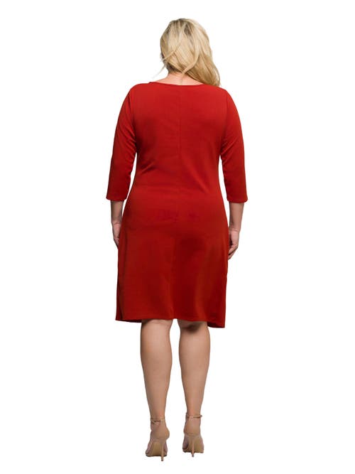 24seven Comfort Apparel Plus Size Three Quarter Sleeve Ruched Tulip Hem Mini Dress In Red