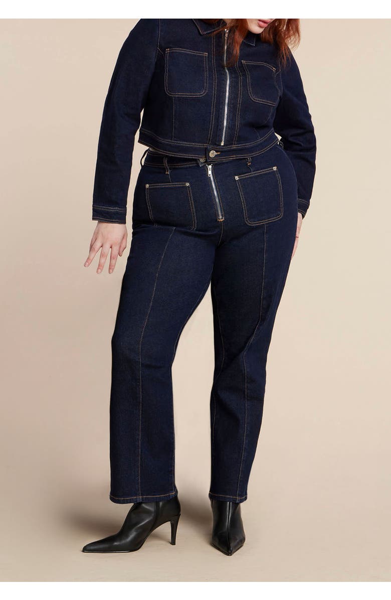 ELOQUII Zip Front Denim Jacket, Alternate, color, True Dark Rinse