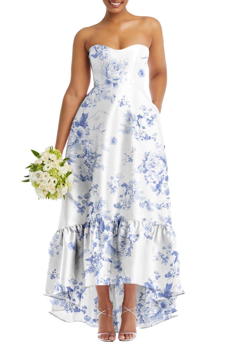 Strapless Floral Ruffle High-Low Gown, Main, color, COTTAGE ROSE-LARKSPUR