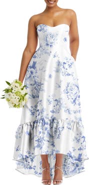 Alfred Sung Strapless Floral Ruffle High-Low Gown