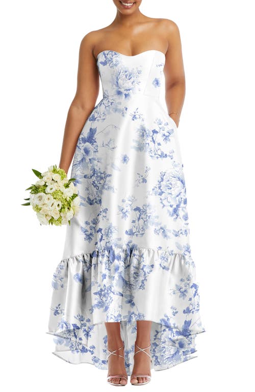 Alfred Sung Strapless Floral Ruffle High-Low Gown in Cottage Rose-Larkspur 